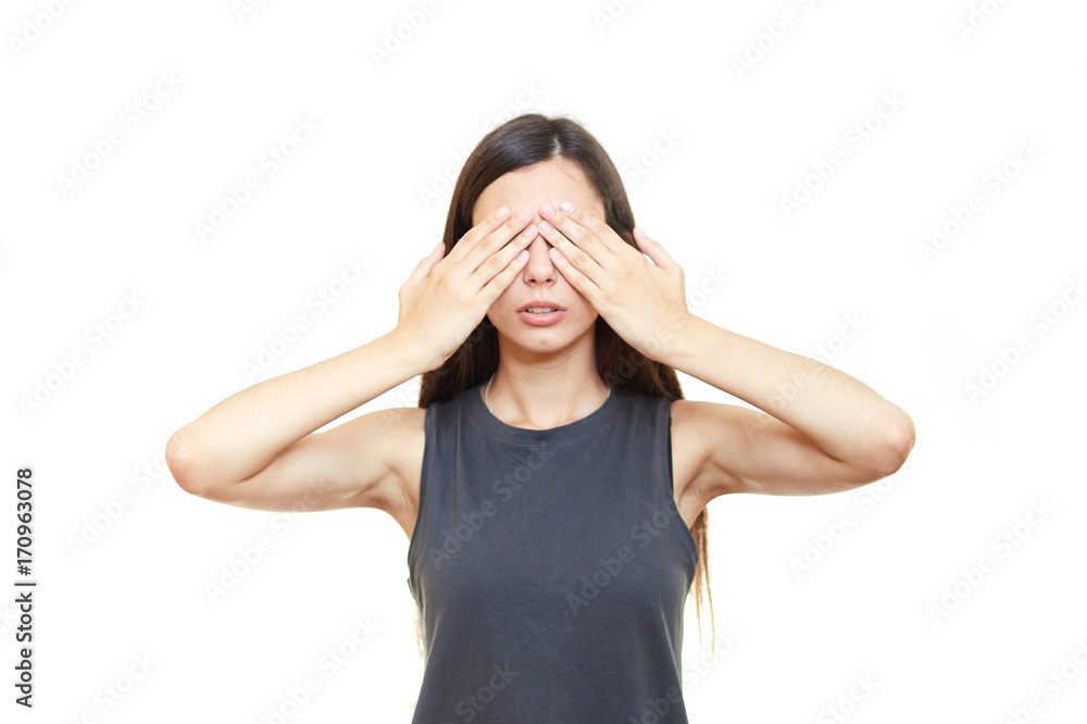 I cant see you young women is covering her eyes with her hands I cant see you young women is covering her eyes with her hands