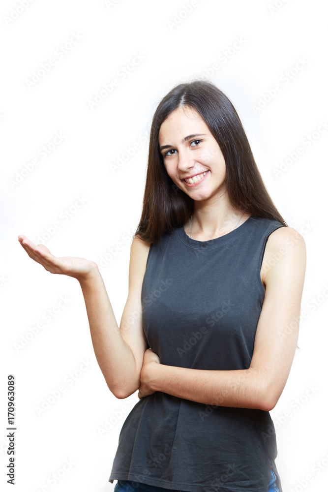 brunette beauty woman Portrait young woman. White background. Hold hands. brunette beauty woman Portrait young woman. White background. Hold hands.