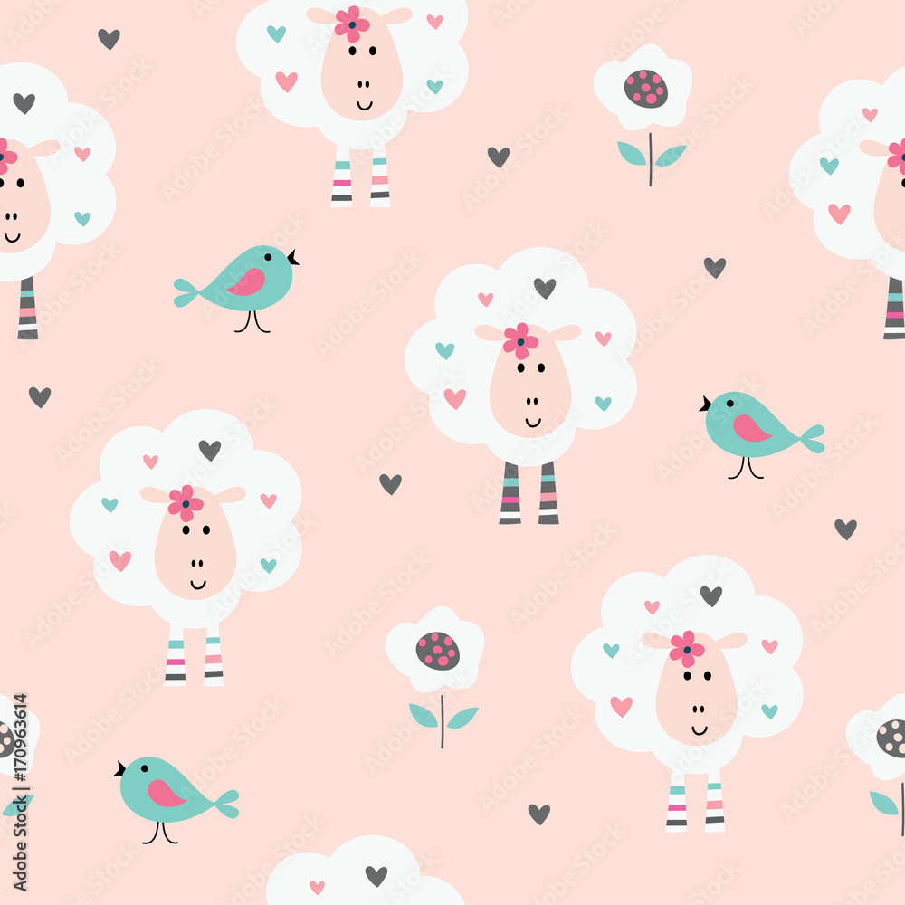 Seamless pattern with cute sheep, birds and flowers