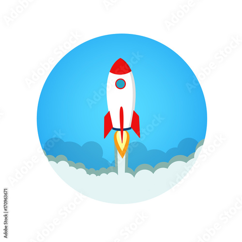 Fototapeta Naklejka Na Ścianę i Meble -  Flat rocket  in a flat style.Start up concept symbol space rocket ship Sky Icon
