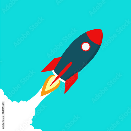 Flat rocket  in a flat style.Start up concept symbol space rocket ship Sky Icon