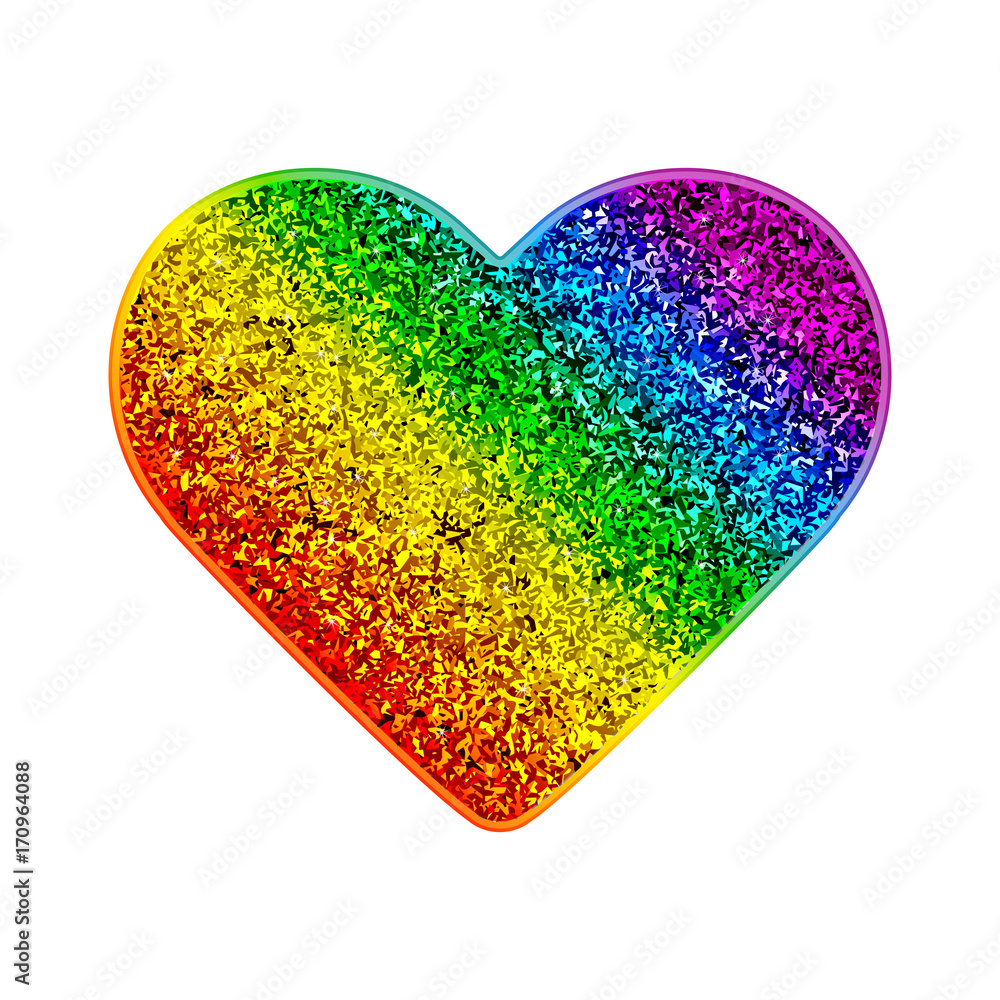 Gay Pride rainbow glitter heart. Colorful shiny background with sparks