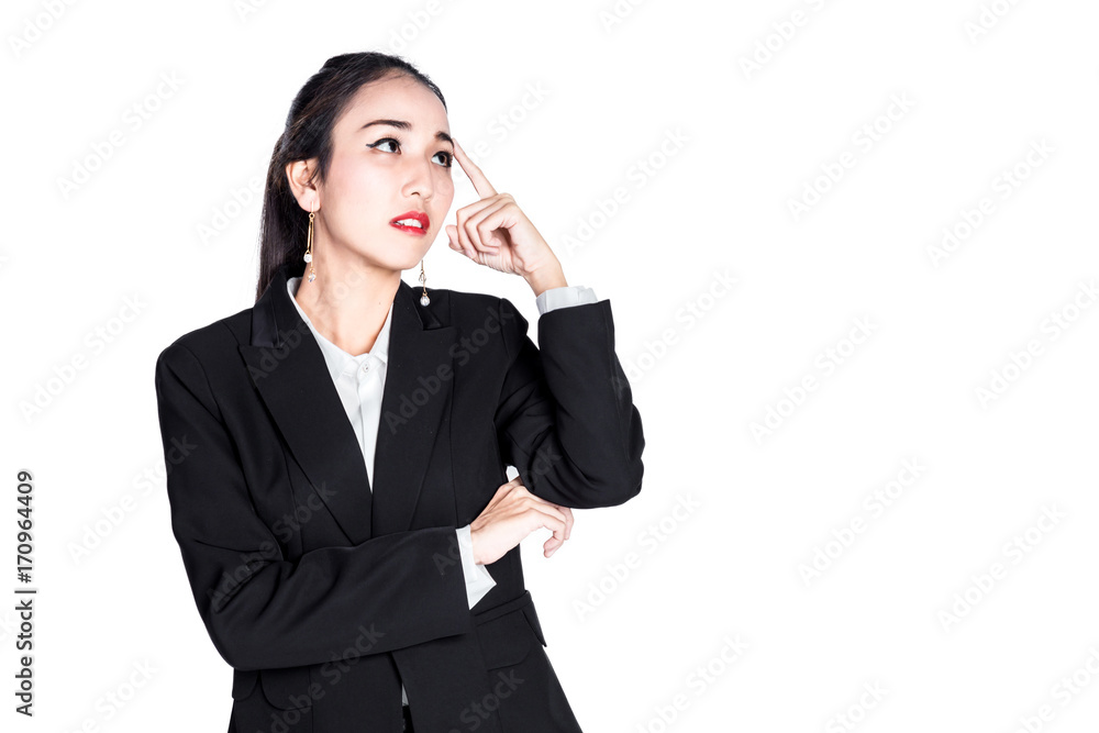 bsmart business asian woman in suit pose in action of thinking isolate with whute background bsmart business asian woman in suit pose in action of thinking isolate with whute background