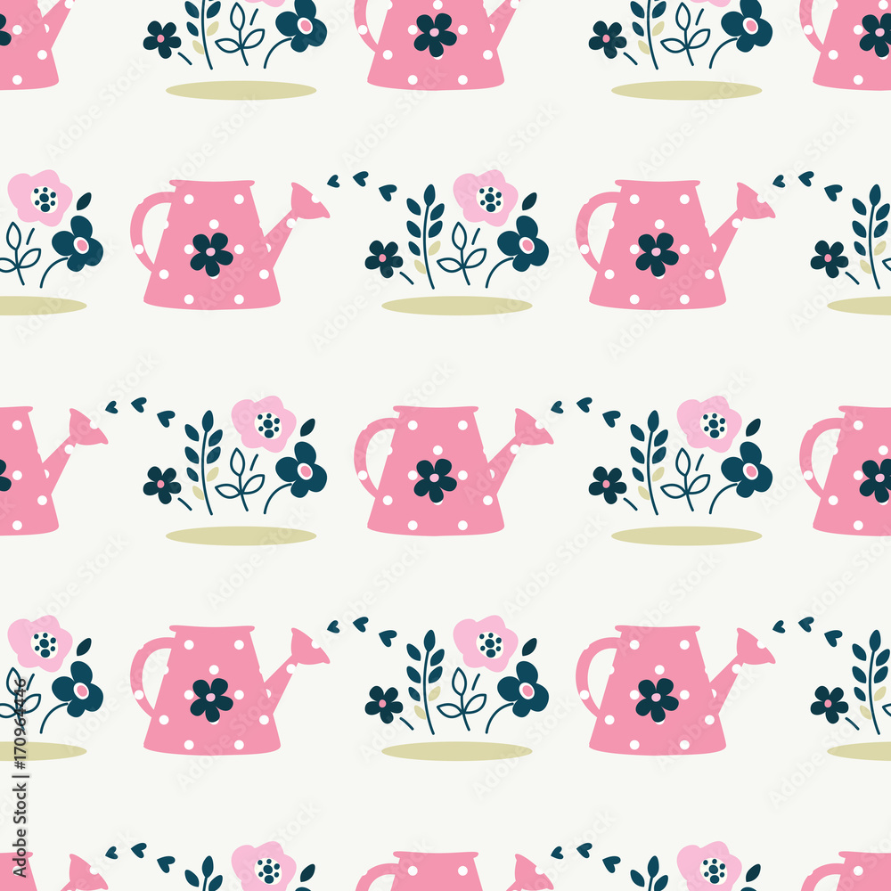 Seamless pattern with watering can and flowers