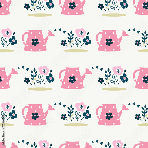 Seamless pattern with watering can and flowers