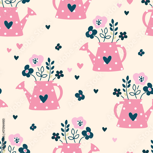 Seamless pattern with watering can and flowers