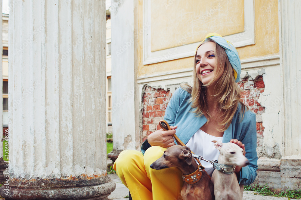 Portrait of happy girl with two dogs, outdoor Portrait of happy girl with two dogs, outdoor