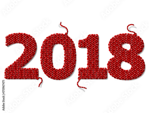 New Year 2018 of knitted fabric isolated on white. Fragments of knitting in shape of number 2018. Vector design element for new years day, christmas, winter holiday, new years eve, silvester, etc