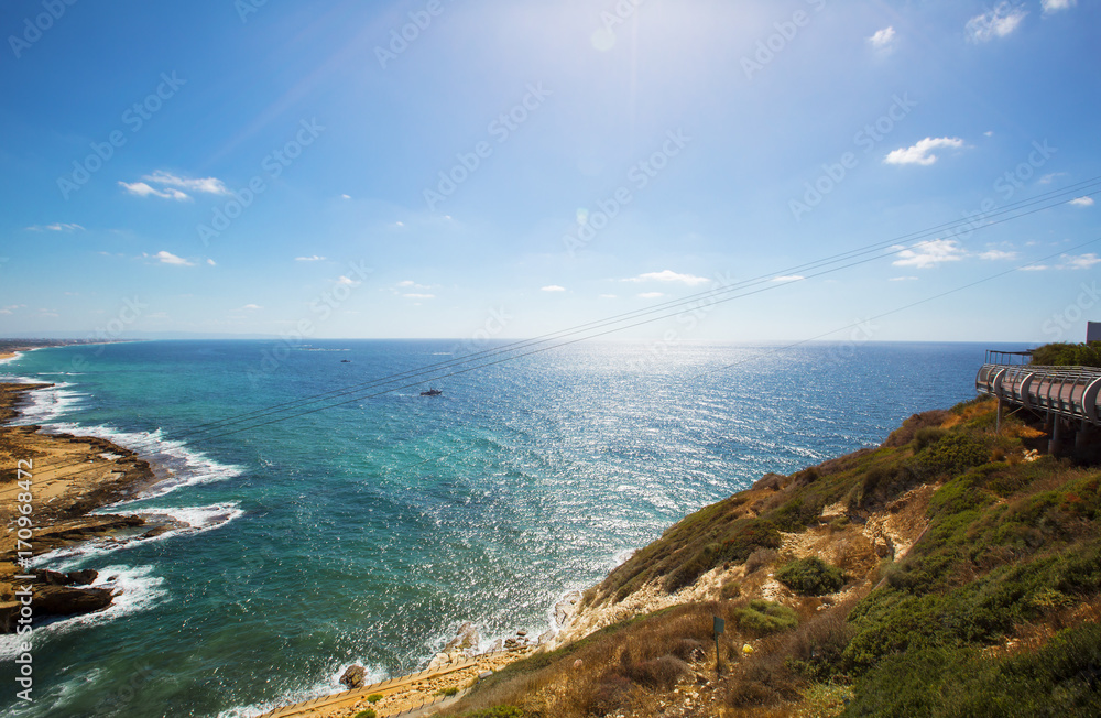 View of coast from Rosh Hanikra. Last point of the Israel sea border. 