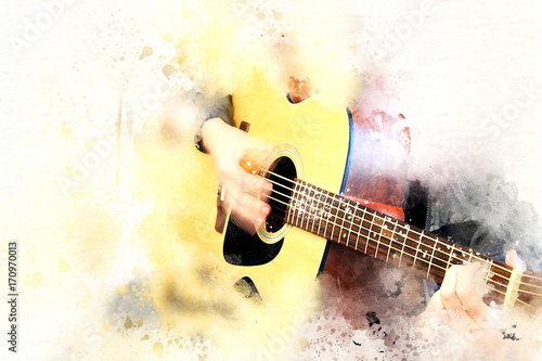 Fototapeta Naklejka Na Ścianę i Meble -  Abstract beautiful man playing Guitarist music Watercolor painting background and Digital illustration brush to art.