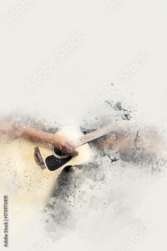 Photography Abstract beautiful man playing Guitarist music Watercolor painting background and Digital illustration brush to art