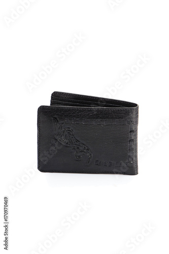One purse, genuine leather with embossing ,black brown colors,Fashionable men's accessory To store money on a white background