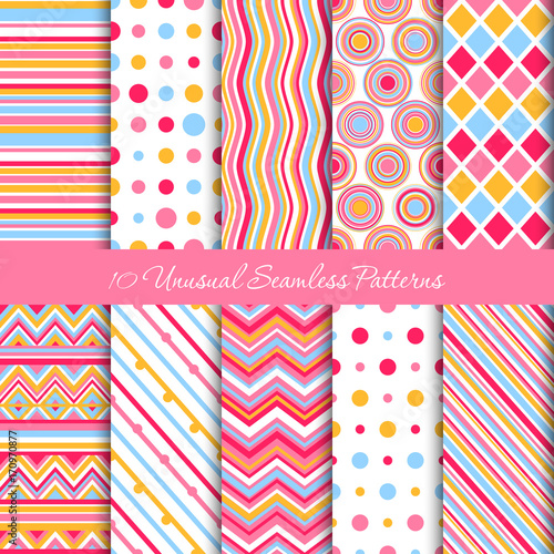 Ten seamless geometric patterns with unequal distribution in five colours: pink, white, light-orange, light-blue and vinous