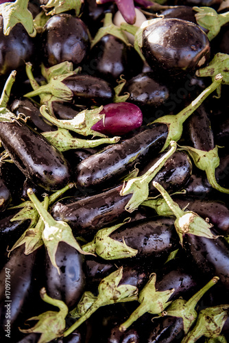 Eggplant fruits heap on market stall full frame high angle view
