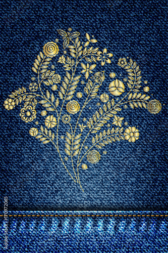 Gold flower embroidery design. Embroidery ethnic floral jeans line or short floral blooming for fashion wearing. Flowers on blue denim texture background. Jeans pattern. Dark blue jeans cloth. Vector.