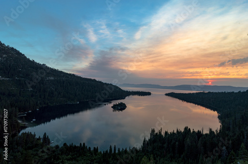 sunrise over emerald bay in lake tahoe