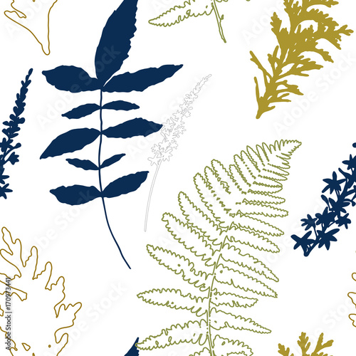 Floral vector seamless pattern with wild flowers, fern leaves and evergreen p...