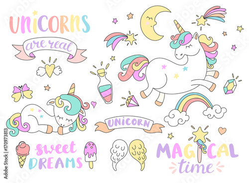Set of unicorns and different fairy tales elements with some lettering. Vector illustration.