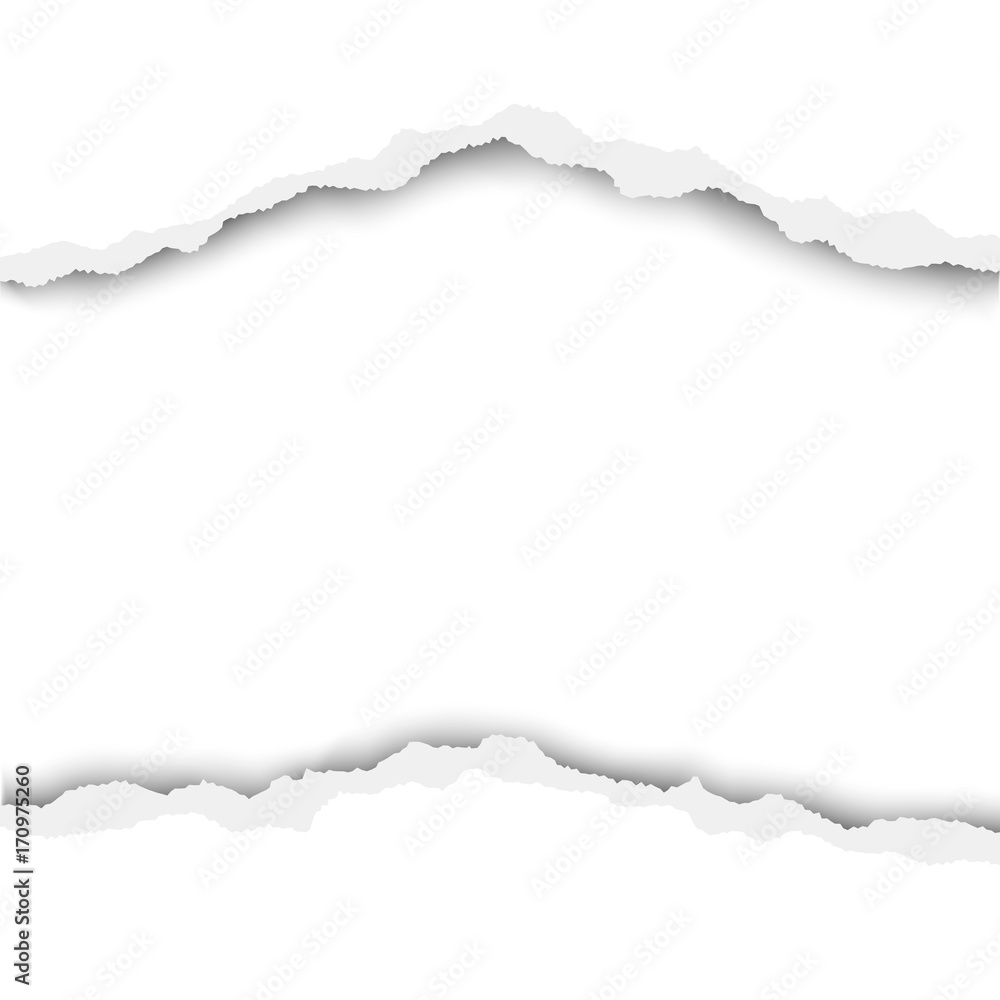 Vector torn hole in white paper with white background. There are ripped edges, soft shadow and space for text, copy or ad. Vector torn hole in white paper with white background. There are ripped edges, soft shadow and space for text, copy or ad.