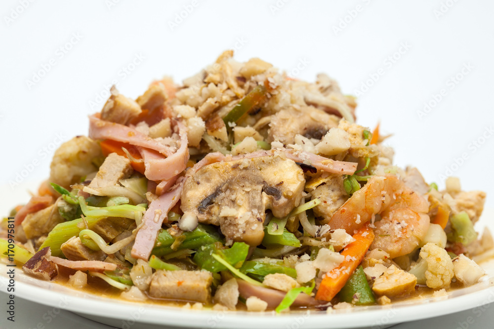Sauteed vegetables with chicken, pork, jam and shrimps preparation: Ready served wok-Sauteed vegetables and meats Sauteed vegetables with chicken, pork, jam and shrimps preparation: Ready served wok-Sauteed vegetables and meats