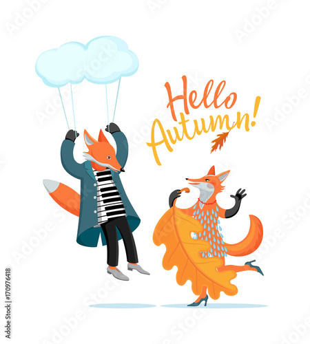 Color cartoon set, drawing - cute wild foxes celebrate coming of autumn. Fox female sings, dances, dog fox pianist flies on cloud on background of text - Hello, Autumn. Vector isolated illustration.