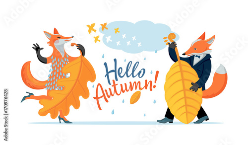 Color cartoon set, drawing - cute wild foxes celebrate coming of autumn. Fox female sings, dances, fox plays melody on double bass, on background of text - Hello, Autumn. Vector isolated illustration.