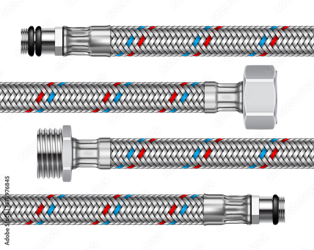 Set of different water fittings with segments of braided hose. 3d realistic illustration. Set of different water fittings with segments of braided hose. 3d realistic illustration.