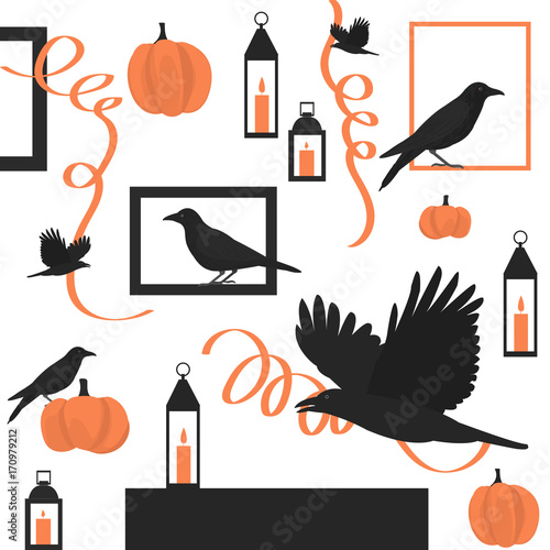 Halloween background with birds and pumpkins.