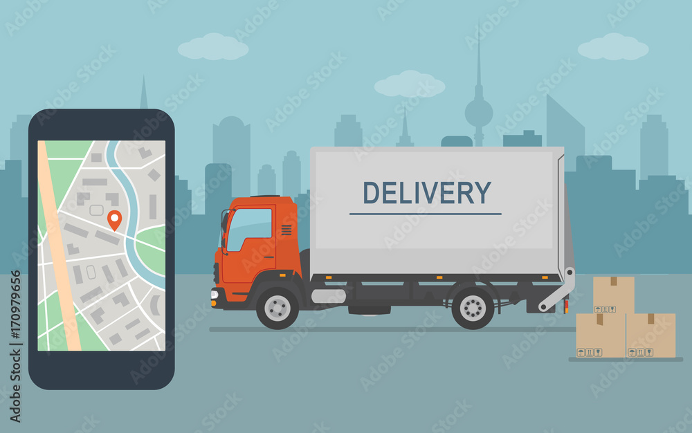Delivery service app on mobile phone. Delivery van and mobile phone with map on city background. Flat style vector illustration. 