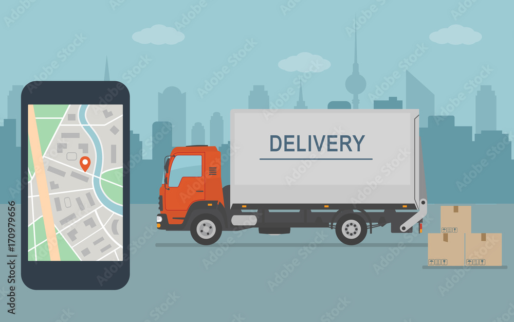 Delivery service app on mobile phone. Delivery van and mobile phone