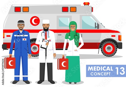 Medical concept. Detailed illustration of muslim paramedic man, emergency doctor, nurse and ambulance car in flat style on white background. Vector illustration.