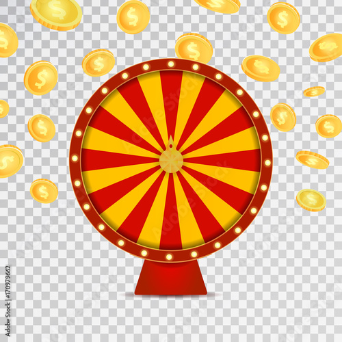 Vector isolated realistic fortune roulette wheel and falling coins on the transparent background. Concept of casino, spin, lottery and winning.