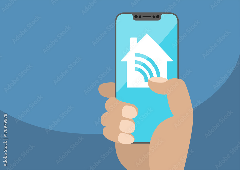 Smart home automation app with hand holding bezel-less smartphone. Vector illustration with wireless house icon on frameless touchscreen Smart home automation app with hand holding bezel-less smartphone. Vector illustration with wireless house icon on frameless touchscreen