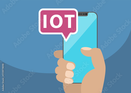 IOT / Internet of Things concept with text displayed on frameless touchscreen. Vector illustration with hand holding bezel-free smart phone