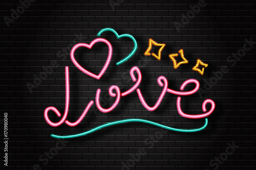 Vector realistic isolated erotic neon sign of love lettering and hearts for decoration and covering on the wall background.