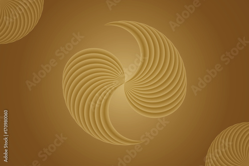 Golden symbol in the center with two other objects in corners. Symbol made from layered gradient shapes. Delicate gradient in the background.