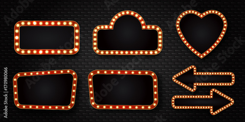 Vector set of realistic isolated retro sign neon billboards on the wall background. Template for vintage decoration and signboard.