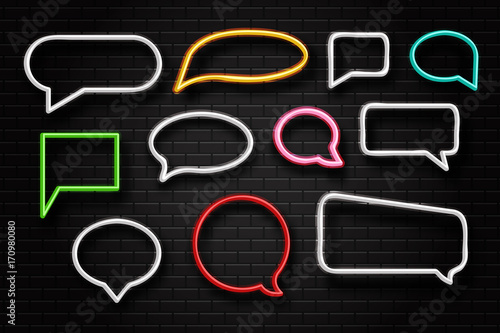 Vector realistic isolated neon retro speech bubbles on the wall background for decoration and covering.