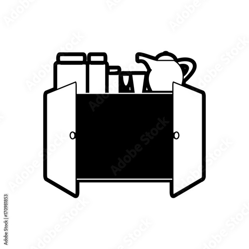flat line moncromatic cupboard and  crockery over white background  vector illustration
