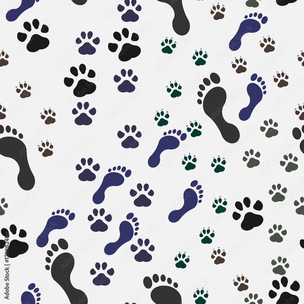 Seamless background with footprint of cat and dog and man. Vector illustration. Seamless background with footprint of cat and dog and man. Vector illustration.