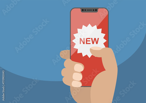 New app concept displayed on frameless touchscreen as vector illustration. Hand holding bezel free smartphone with new icon.