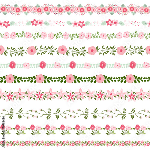 Vector floral borders in pink and green colors - could be connected seamlessly