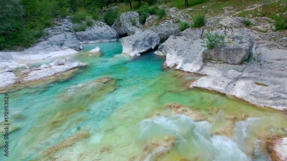 AERIAL view: flight over mountain river Soca. Camera flying forwards AERIAL view: flight over mountain river Soca. Camera flying forwards