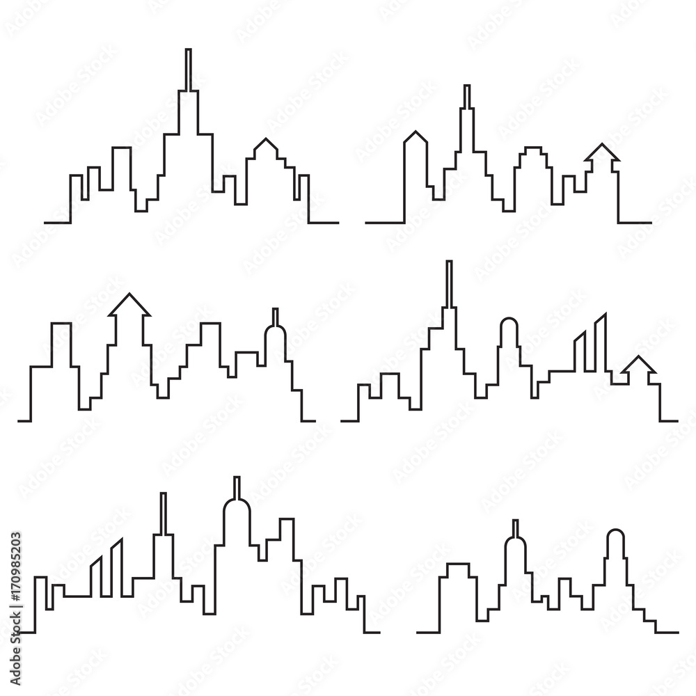 City skylines, cityscape set, outlined, black isolated on white background, vector illustration.