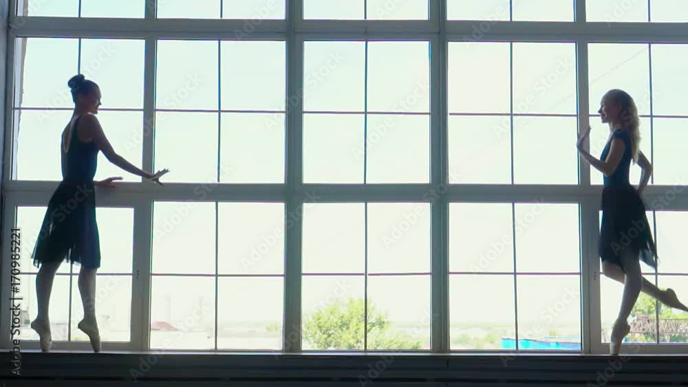 Beautiful silhouettes of ballerinas at a window in studio of the ballet. Beautiful female ballet dancer on a blue background. Ballerina is wearing tutu and pointe shoes. Silhouette Beautiful silhouettes of ballerinas at a window in studio of the ballet. Beautiful female ballet dancer on a blue background. Ballerina is wearing tutu and pointe shoes. Silhouette