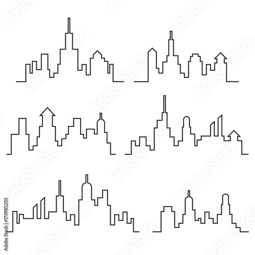 City skylines, cityscape set, outlined, black isolated on white background, vector illustration.