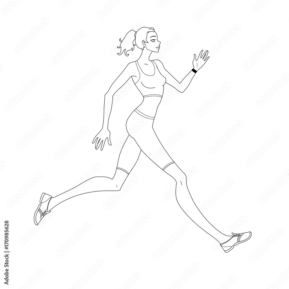 Young woman athlete jogging. Running female. Vector illustration. Coloring for adults. 