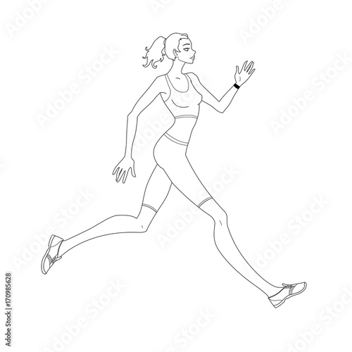 Young woman athlete jogging. Running female. Vector illustration. Coloring for adults.  © egirin