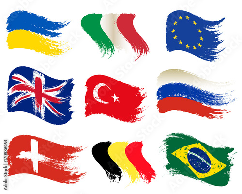 Collection of popular world flags, brush strokes painted flags, isolated on white background, vector illustration.