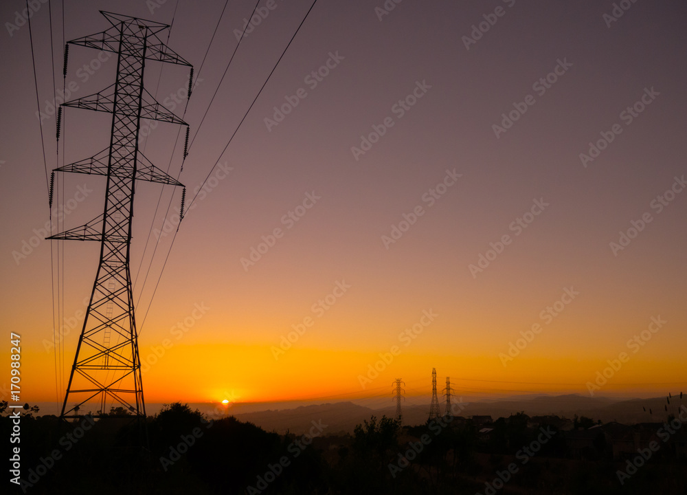 Powerlines Into Sunset
